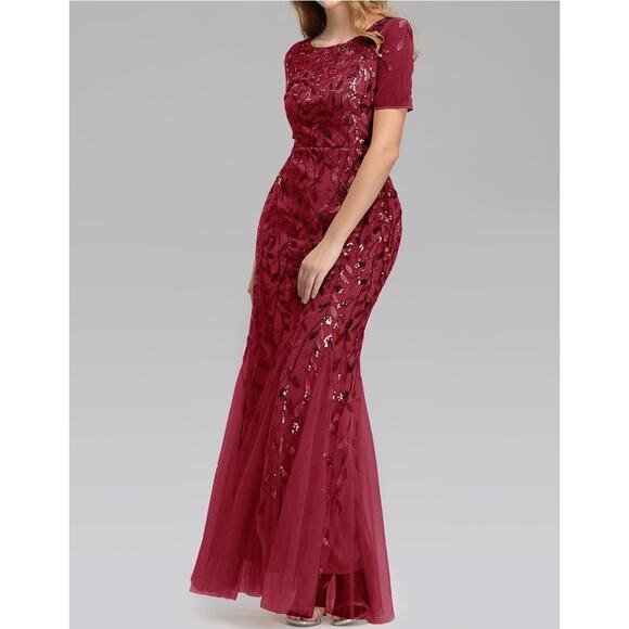 NEW! Slim Fit Evening Formal Mermaid Sheer Red Maxi Dress Sequin Leaves Sz. M - Picture 2 of 8